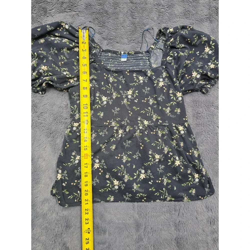 Old Navy Floral Puff Sleeve Smocked Back Peplum Top Navy Blue Medium